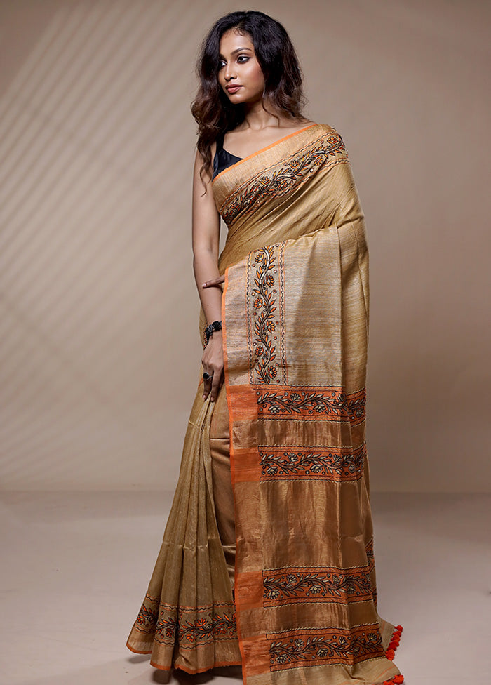 Cream Matka Pure Silk Saree Without Blouse Piece - Indian Silk House Agencies