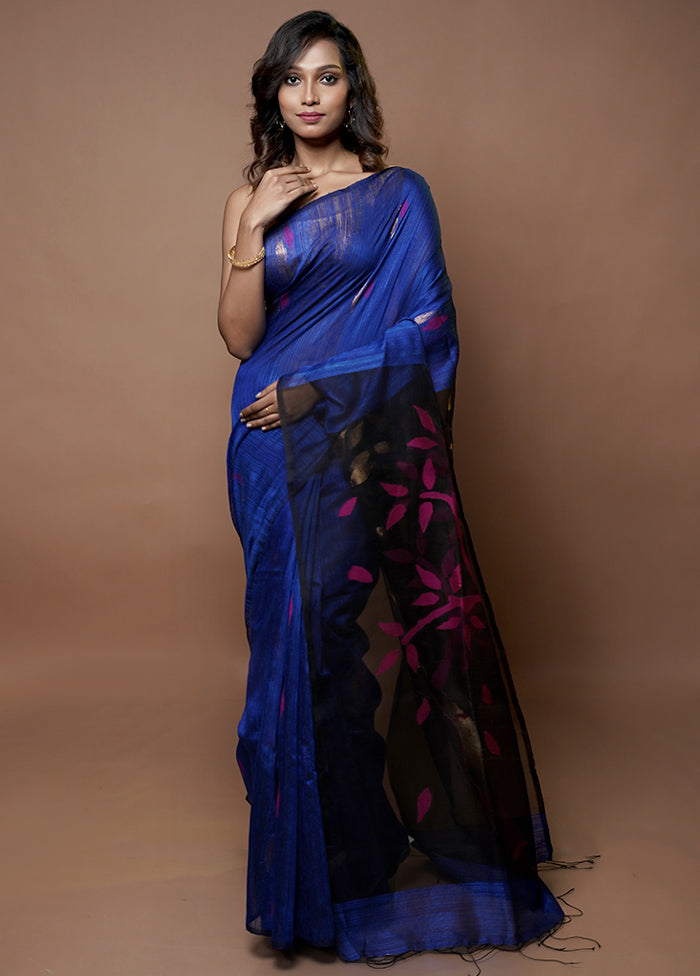 Blue Handloom Matka Pure Silk Saree With Blouse Piece