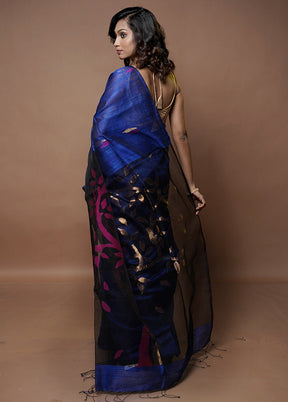 Blue Handloom Matka Pure Silk Saree With Blouse Piece