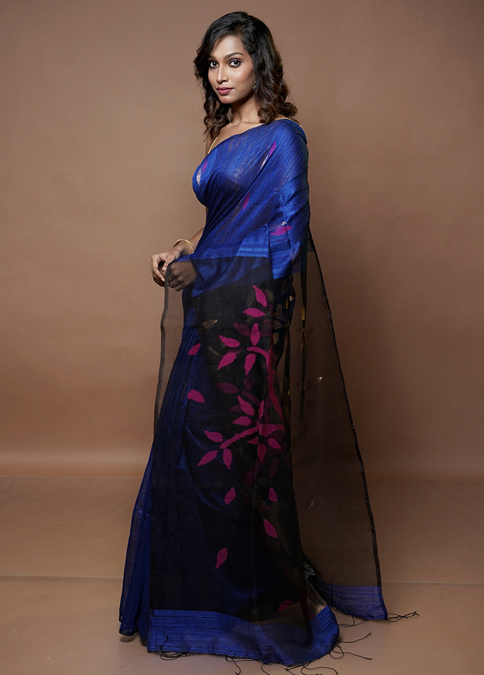 Blue Handloom Matka Pure Silk Saree With Blouse Piece