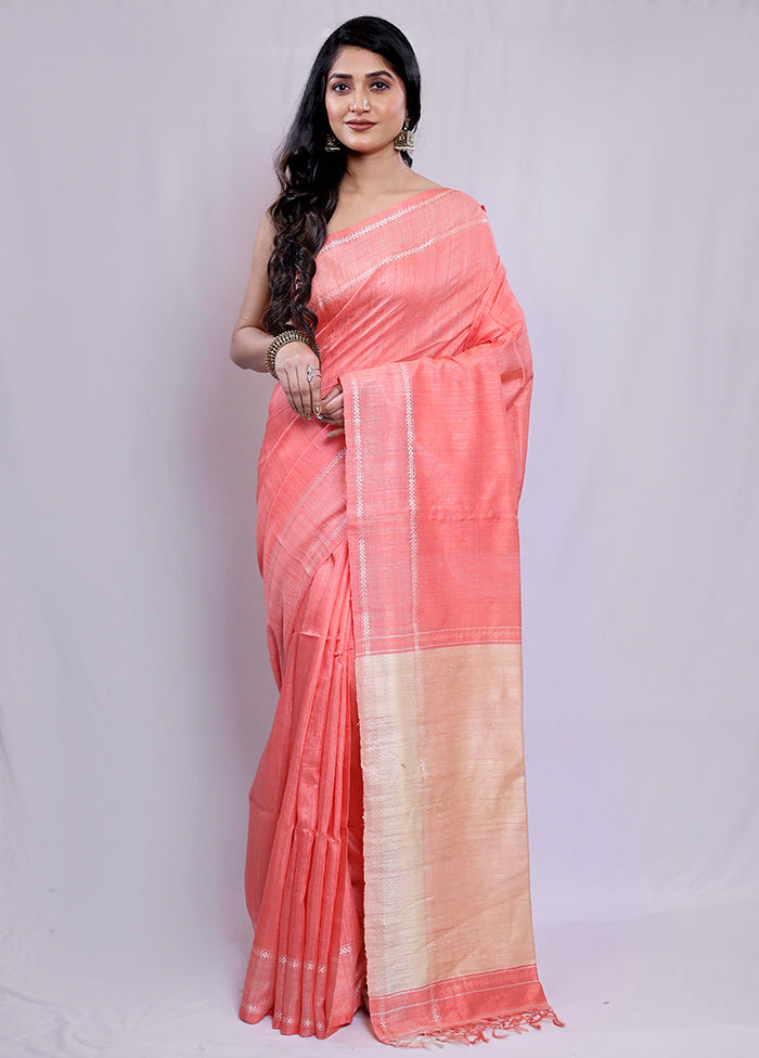 Peach Tussar Pure Silk Saree With Blouse Piece - Indian Silk House Agencies