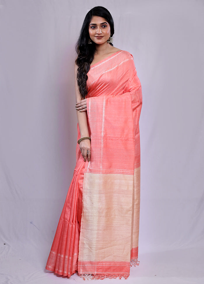 Peach Tussar Pure Silk Saree With Blouse Piece - Indian Silk House Agencies