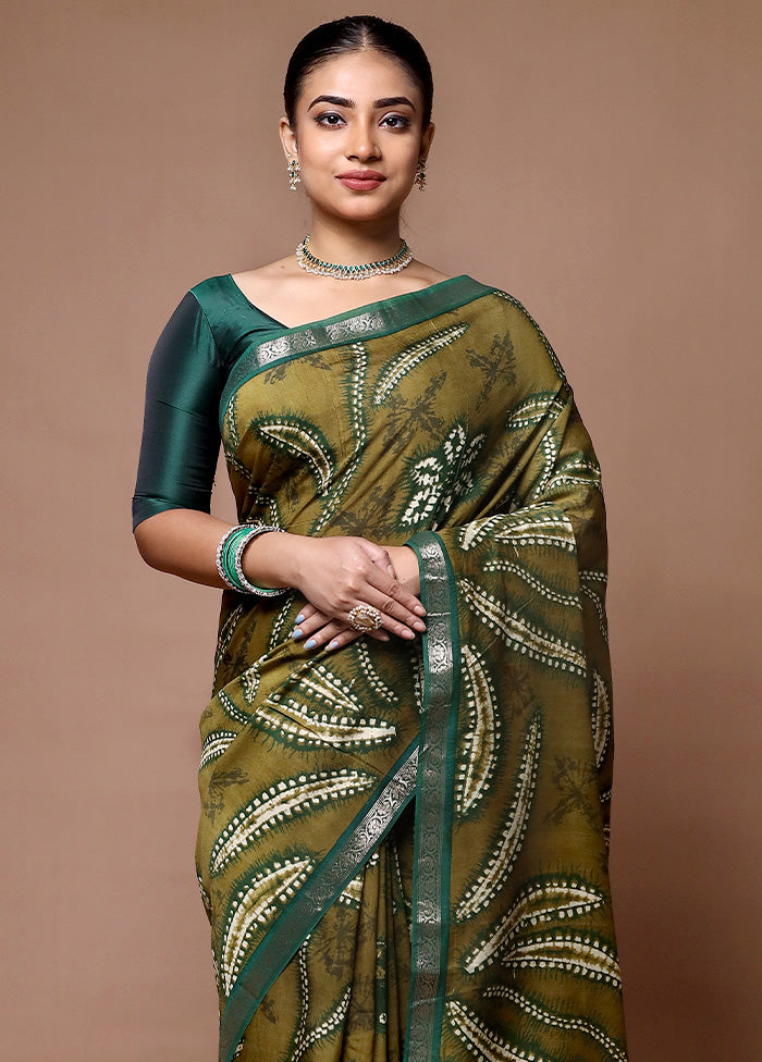 Green Chanderi Cotton Saree With Blouse Piece