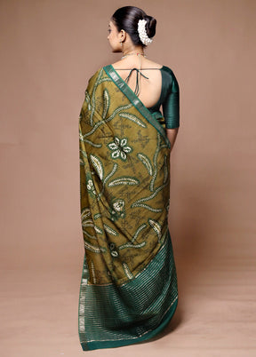 Green Chanderi Cotton Saree With Blouse Piece