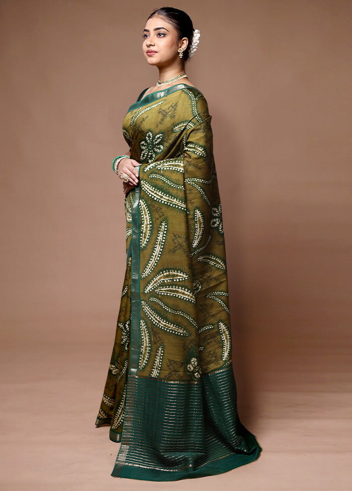 Green Chanderi Cotton Saree With Blouse Piece