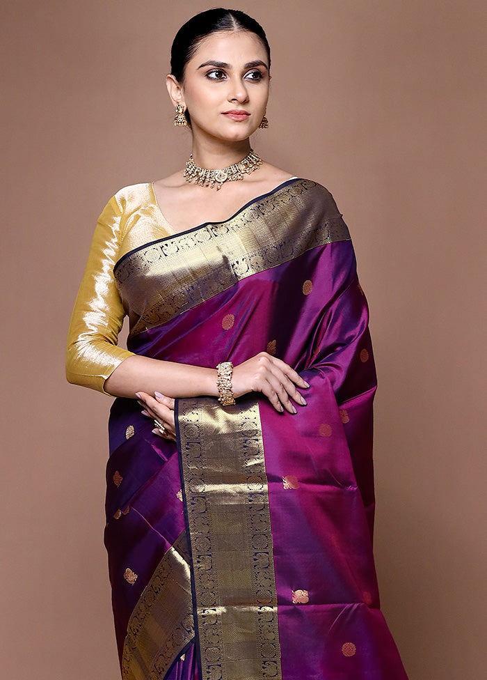 Wine Handloom Kanchipuram Pure Silk Saree With Blouse Piece