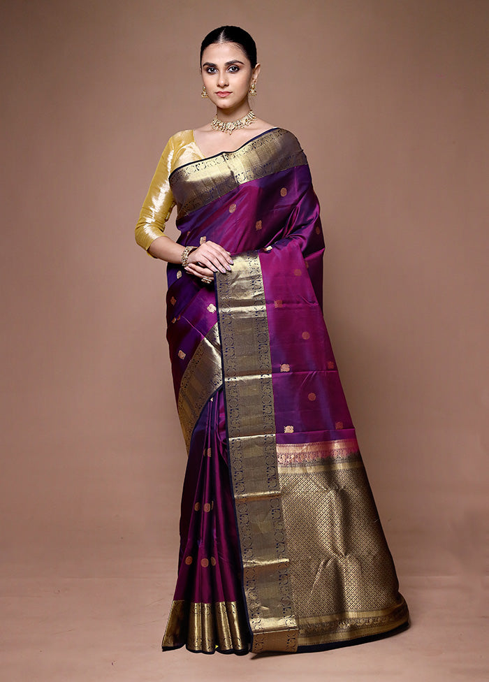 Wine Handloom Kanchipuram Pure Silk Saree With Blouse Piece