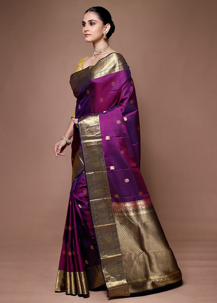 Wine Handloom Kanchipuram Pure Silk Saree With Blouse Piece