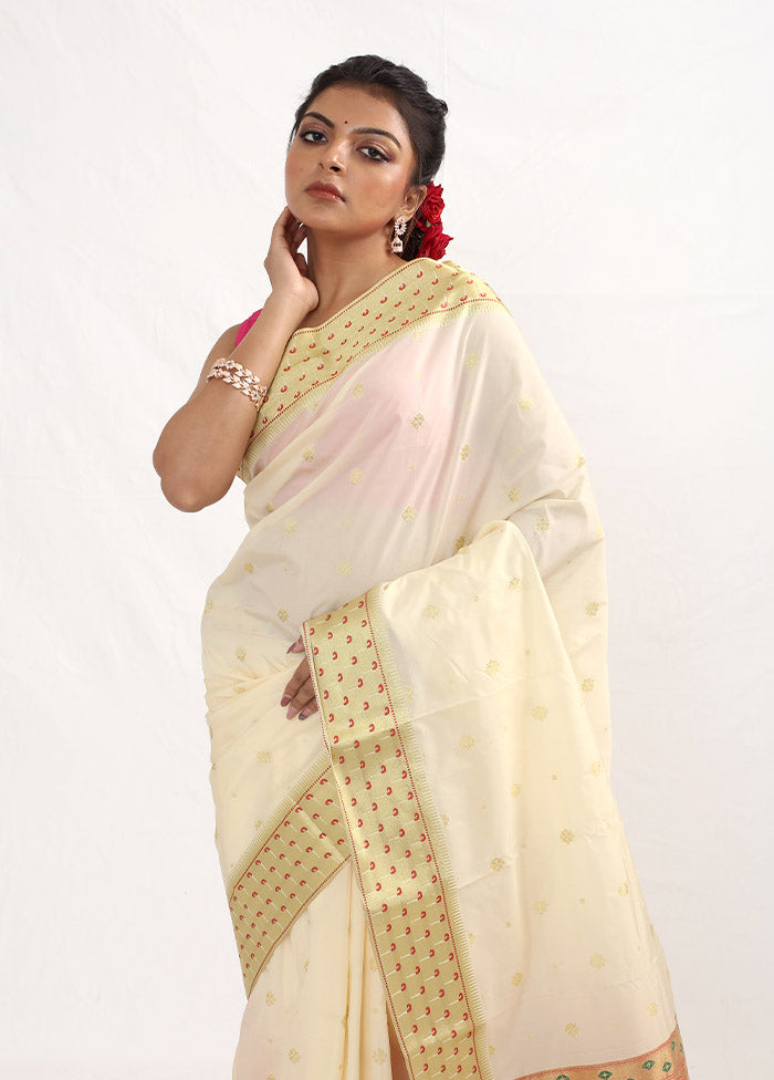 Cream Kanjivaram Silk Saree With Blouse Piece - Indian Silk House Agencies