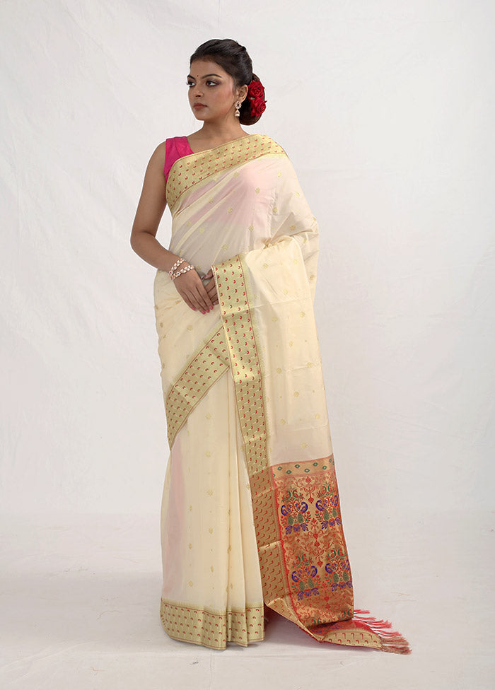 Cream Kanjivaram Silk Saree With Blouse Piece - Indian Silk House Agencies