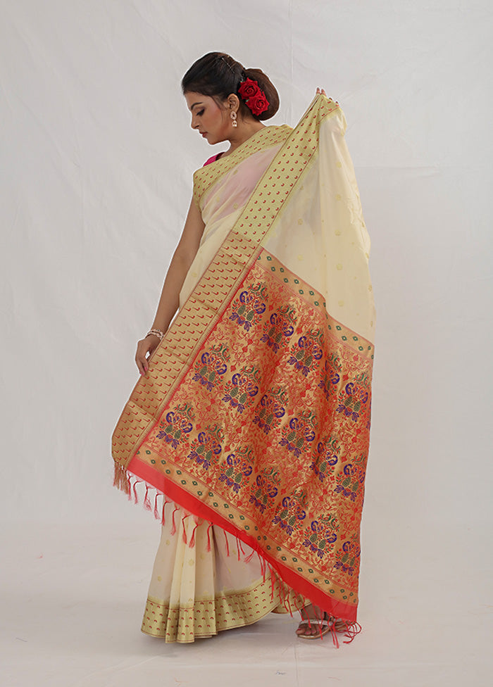 Cream Kanjivaram Silk Saree With Blouse Piece - Indian Silk House Agencies