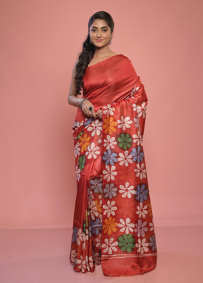 Rust Printed Pure Silk Saree With Blouse Piece - Indian Silk House Agencies