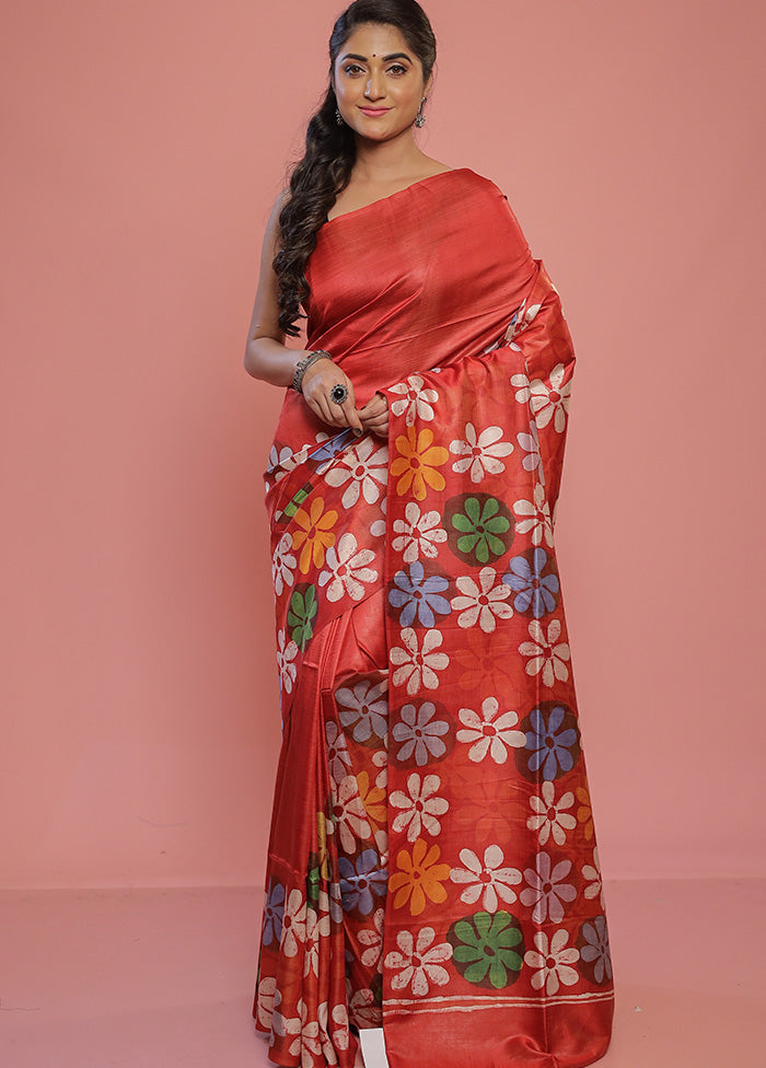 Rust Printed Pure Silk Saree With Blouse Piece - Indian Silk House Agencies