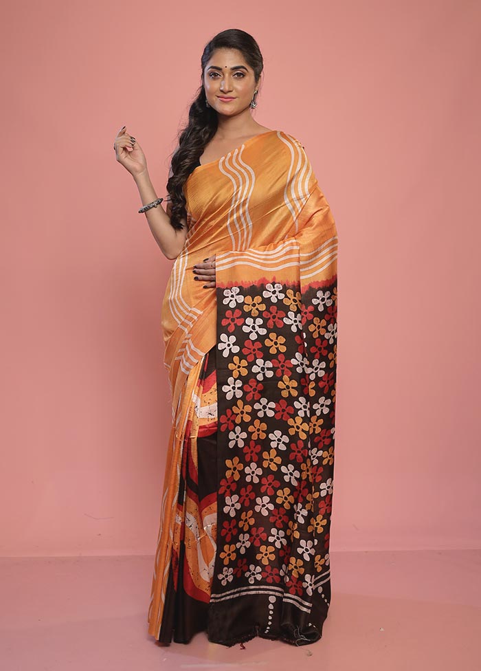 Yellow Printed Pure Silk Saree With Blouse Piece - Indian Silk House Agencies