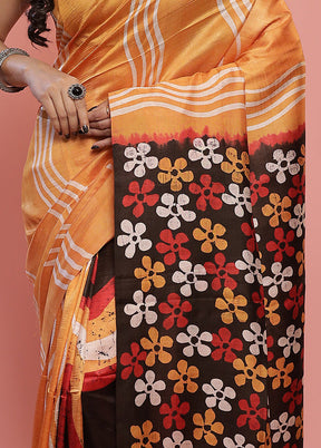 Yellow Printed Pure Silk Saree With Blouse Piece - Indian Silk House Agencies