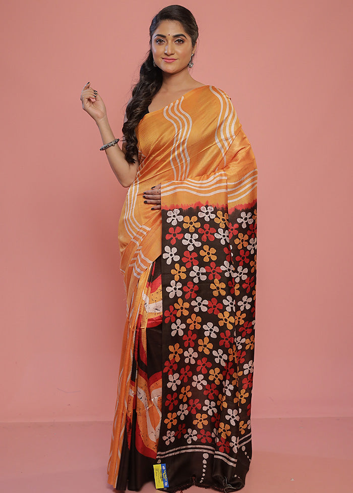 Yellow Printed Pure Silk Saree With Blouse Piece - Indian Silk House Agencies