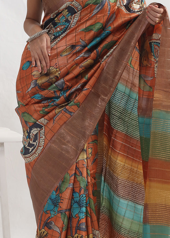 Rust Tussar Pure Silk Saree With Blouse Piece - Indian Silk House Agencies