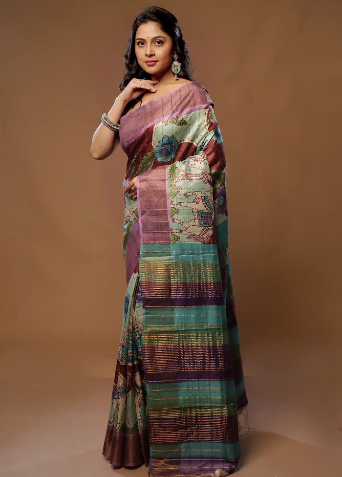 Green Tussar Pure Silk Saree With Blouse Piece - Indian Silk House Agencies