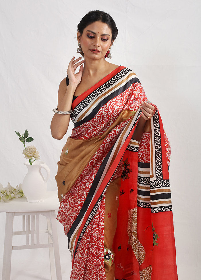 Red Printed Pure Silk Saree With Blouse Piece - Indian Silk House Agencies