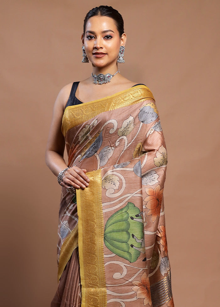 Peach Tussar Silk Saree With Blouse Piece