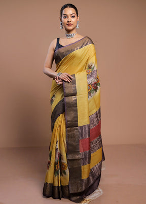 Yellow Handloom Tussar Pure Silk Saree With Blouse Piece