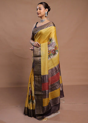 Yellow Handloom Tussar Pure Silk Saree With Blouse Piece