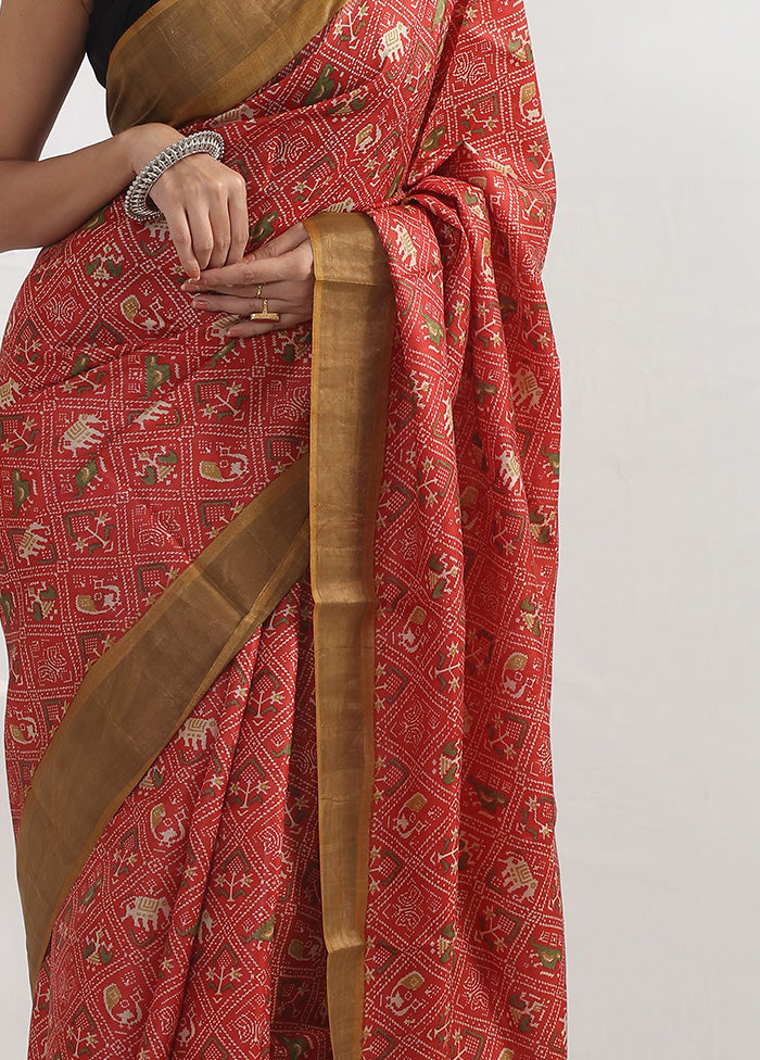 Red Tussar Silk Saree With Blouse Piece - Indian Silk House Agencies