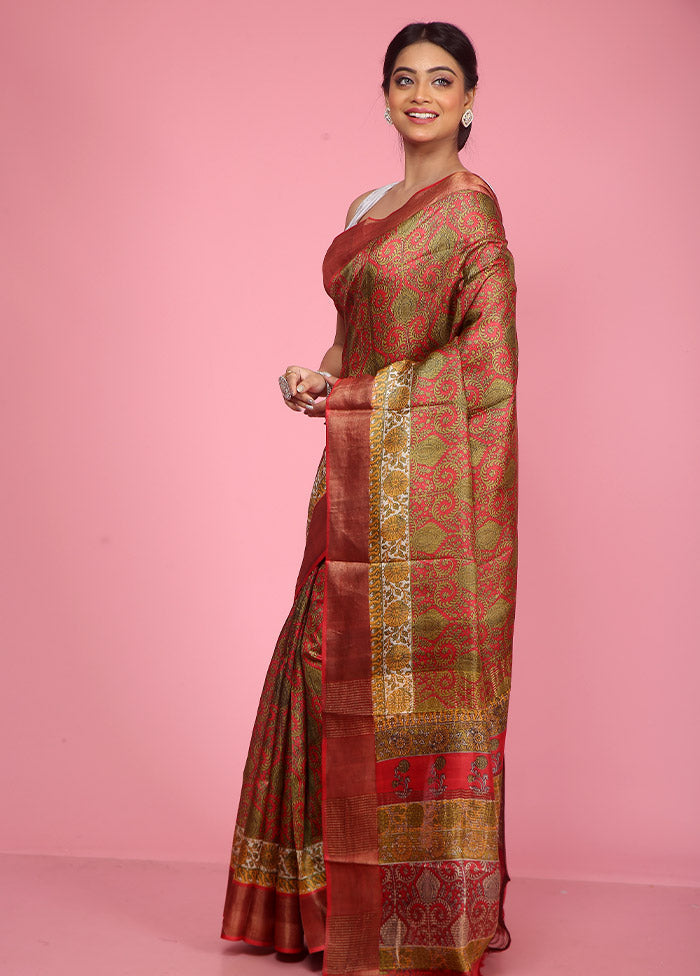 Red Tussar Silk Saree With Blouse Piece - Indian Silk House Agencies