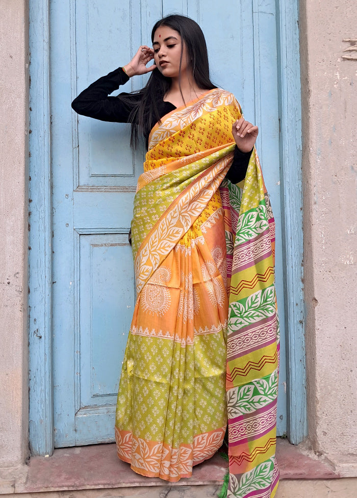 Green Printed Pure Silk Saree With Blouse Piece - Indian Silk House Agencies