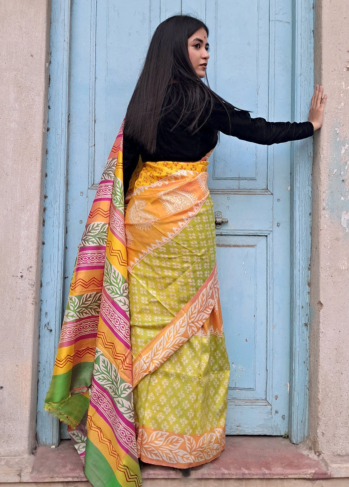 Green Printed Pure Silk Saree With Blouse Piece - Indian Silk House Agencies