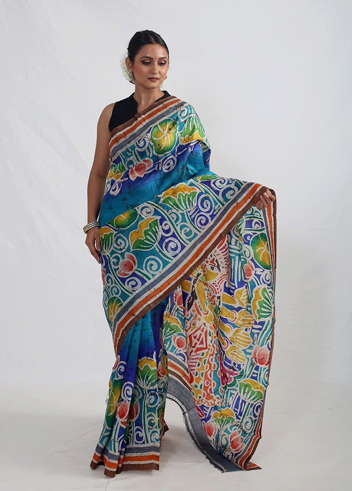 Blue Printed Pure Silk Saree Without Blouse Piece