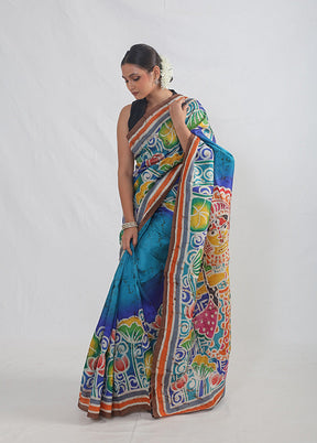 Blue Printed Pure Silk Saree Without Blouse Piece