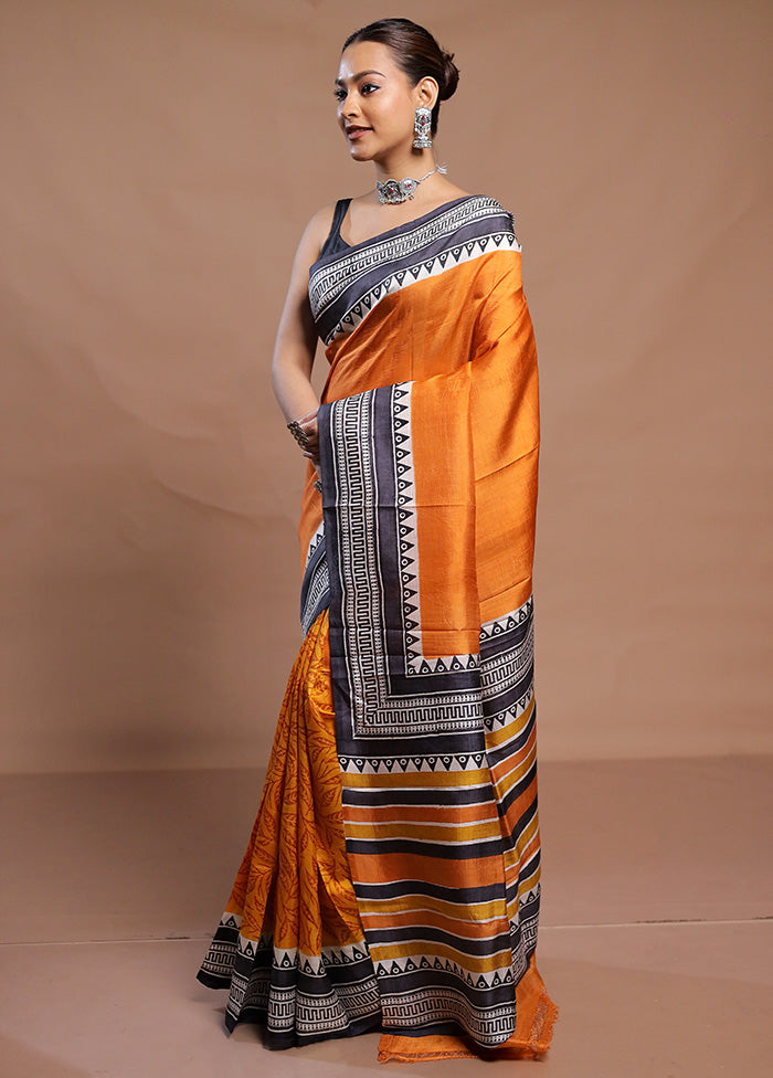 Yellow Printed Pure Silk Saree Without Blouse Piece