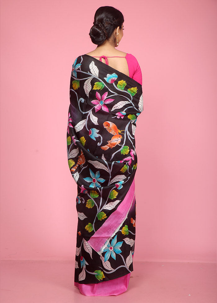 Black Printed Pure Silk Saree With Blouse Piece - Indian Silk House Agencies