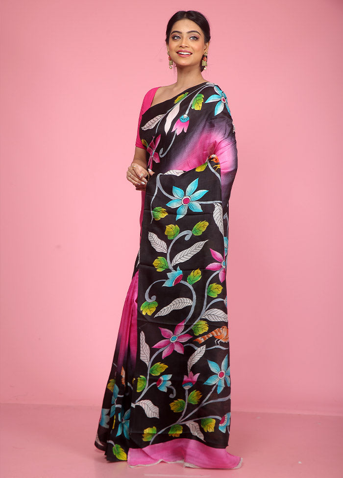 Black Printed Pure Silk Saree With Blouse Piece - Indian Silk House Agencies