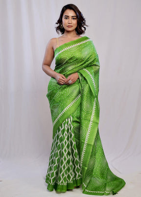 Green Printed Pure Silk Saree With Blouse Piece - Indian Silk House Agencies