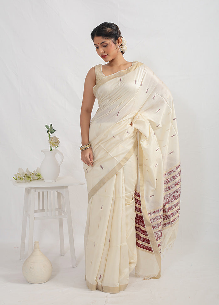 Cream Tussar Pure Silk Saree With Blouse Piece - Indian Silk House Agencies