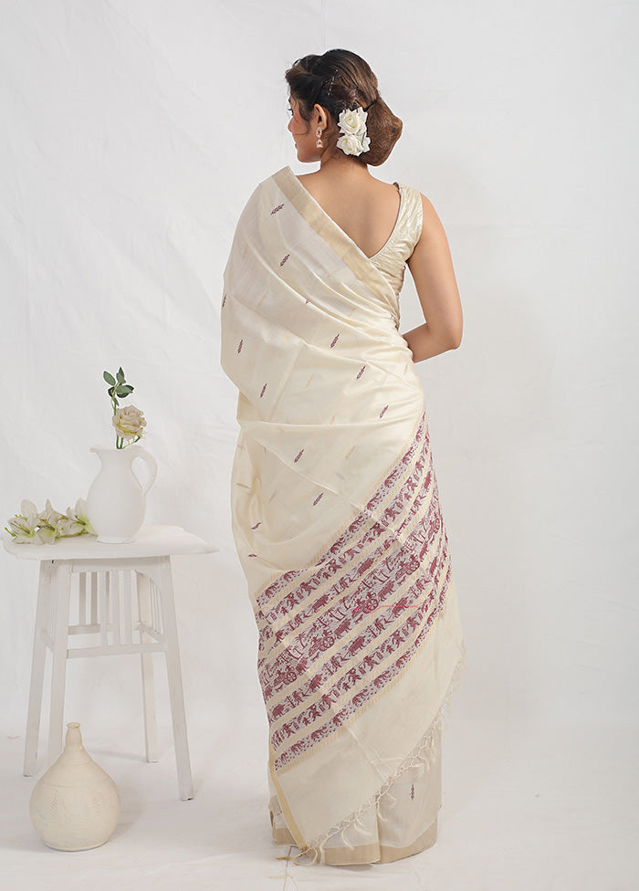 Cream Tussar Pure Silk Saree With Blouse Piece - Indian Silk House Agencies