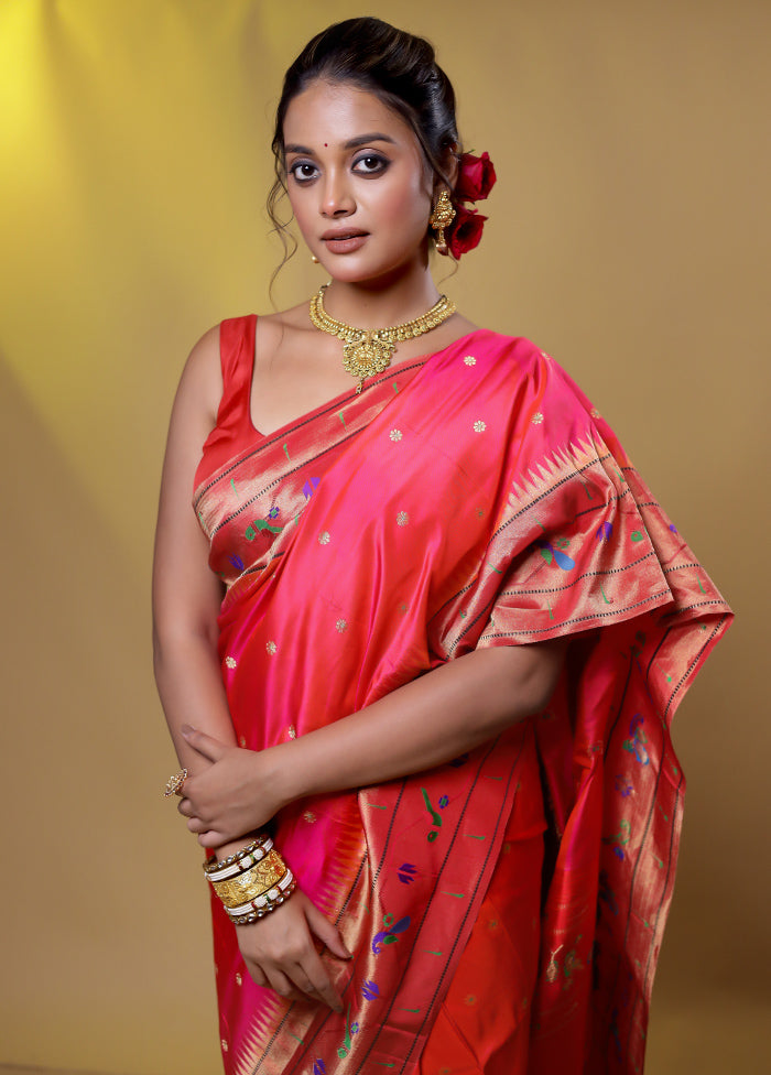 Pink Handloom Kanchipuram Pure Silk Saree With Blouse Piece