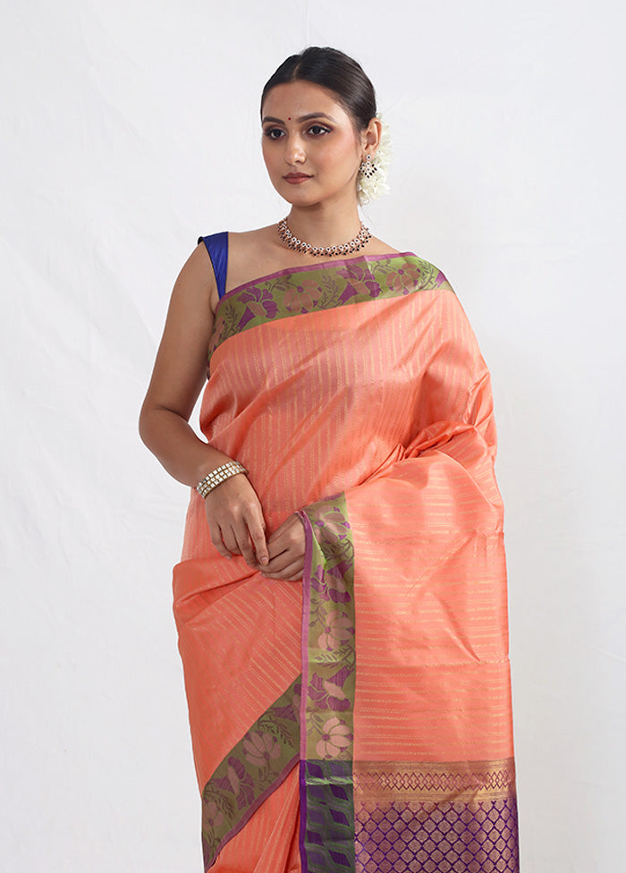 Peach Kanjivaram Pure Silk Saree With Blouse Piece - Indian Silk House Agencies