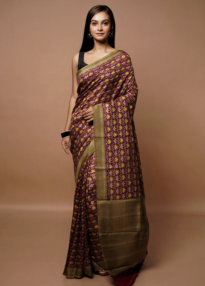 Maroon Printed Pure Silk Saree Without Blouse Piece