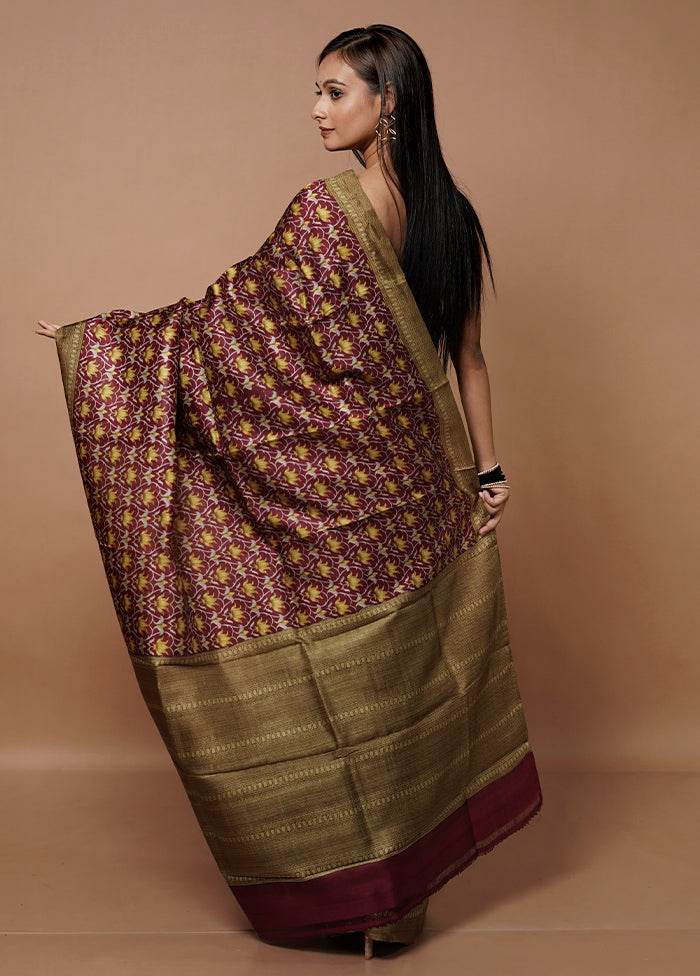 Maroon Printed Pure Silk Saree Without Blouse Piece