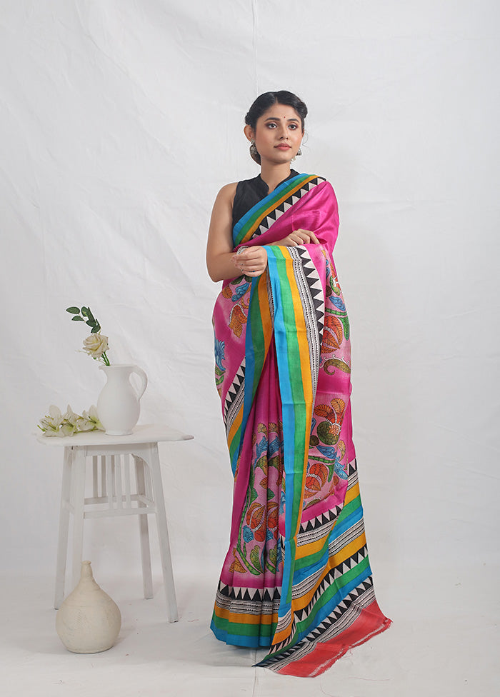 Pink Printed Pure Silk Saree With Blouse Piece - Indian Silk House Agencies