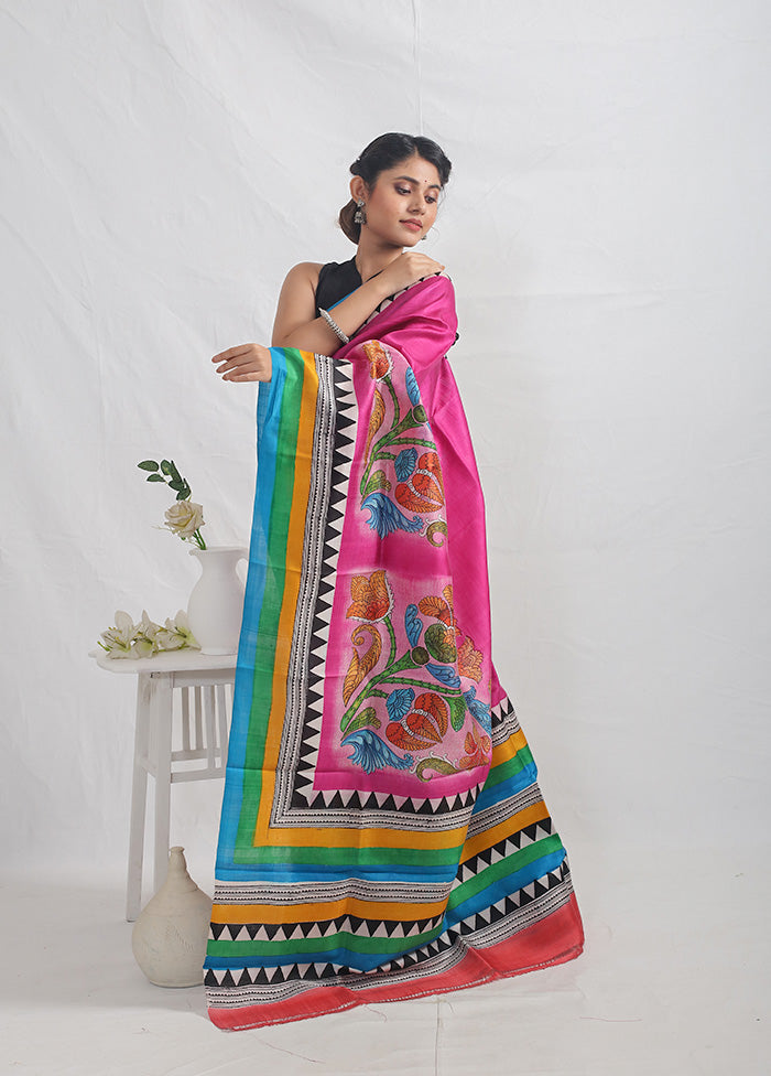 Pink Printed Pure Silk Saree With Blouse Piece - Indian Silk House Agencies