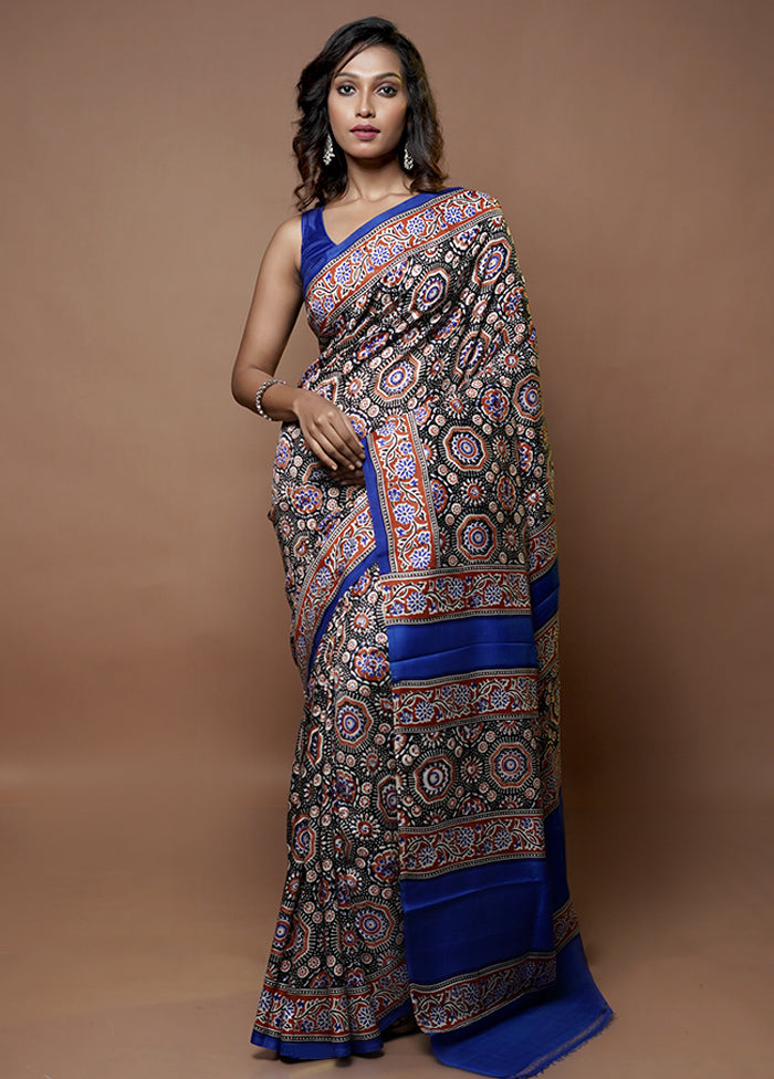 Black Printed Pure Silk Saree Without Blouse Piece