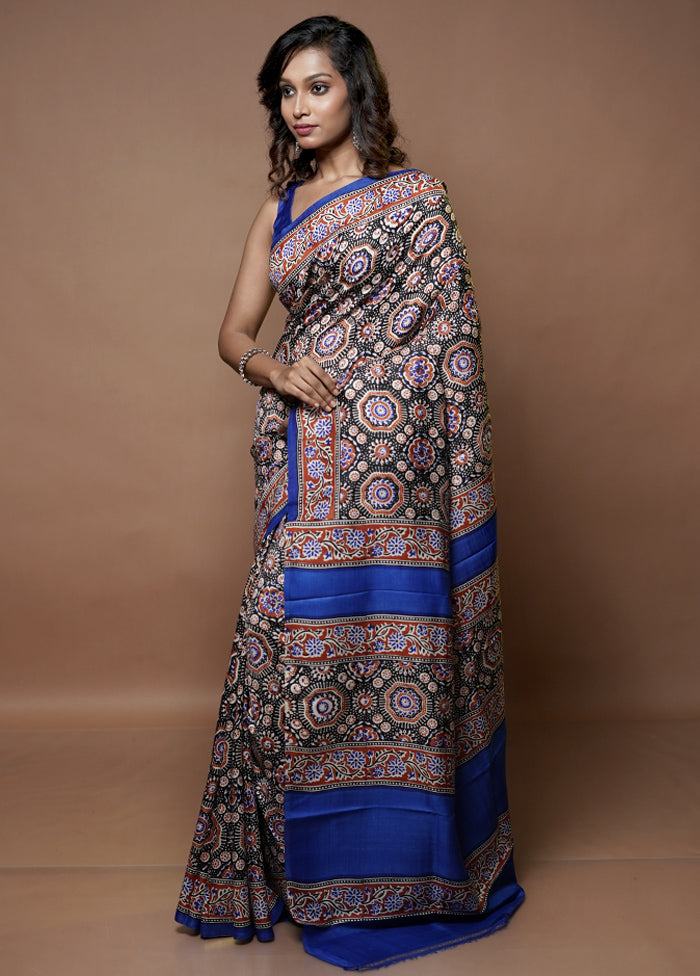 Black Printed Pure Silk Saree Without Blouse Piece