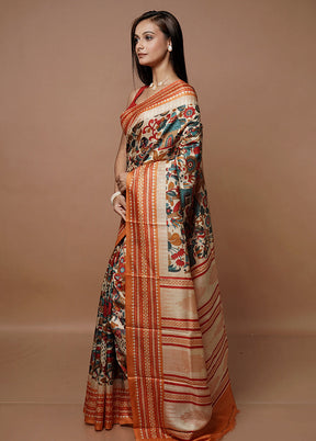 White Printed Pure Silk Saree Without Blouse Piece