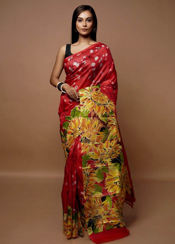 Red Printed Pure Silk Saree Without Blouse Piece