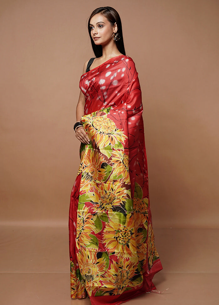 Red Printed Pure Silk Saree Without Blouse Piece