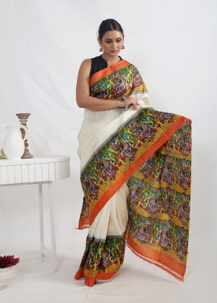 White Printed Pure Silk Saree With Blouse Piece - Indian Silk House Agencies